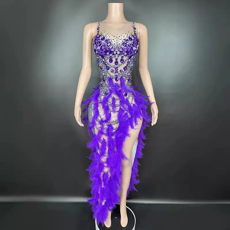 Amazing Purple Crystal Fether Asymmetrical Evening Dresses Luxury Rhinestone Ankle Length Gowns Fashion New Latin Dancer Dress