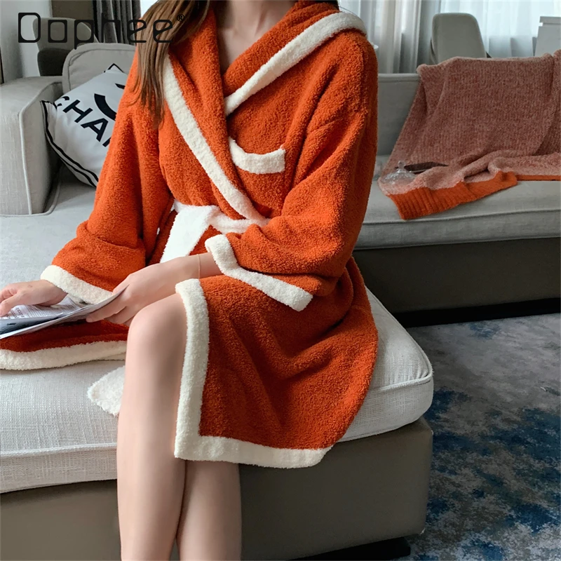 Simple Soft Robes for Women Hooded Lace Up Long Sleeve Mid Length Nightgown Contrast Color Bathrobe Temperament Autumn Winter