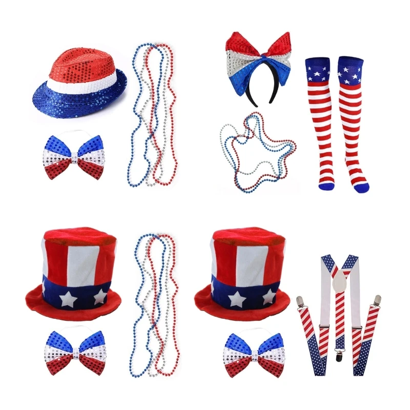 652F Independance Day Accessories Uncle-Sam Costume Set Headband Hat Necklaces Cosplays Accessory for Gilrs Women