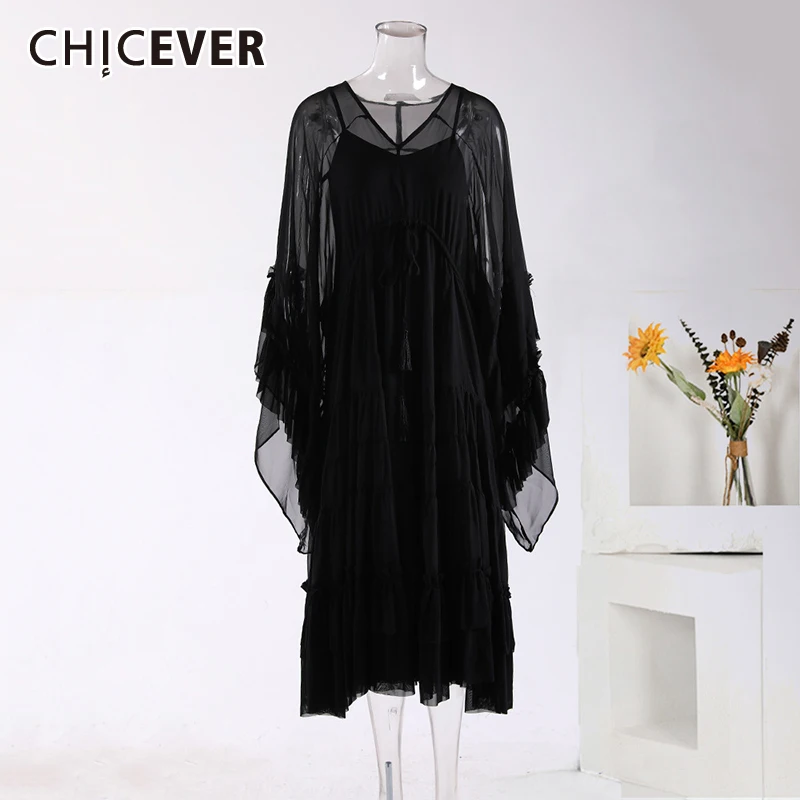 

CHICEVER Solid Fashion Mesh Dress For Women V Ncek Flare Sleeve High Waist Loose Patchwork Lace Up Dresses Female Summer Clothes