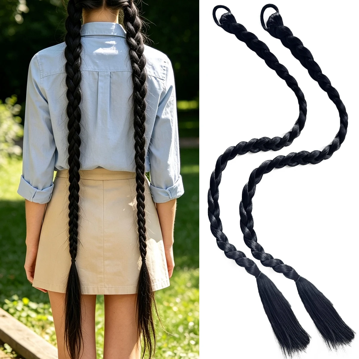 2Pcs Long Thick Braided Ponytail Hair Extensions Synthetic Elastic Hair Braid Wig Boxing Braids Hairpiece For Women Daily
