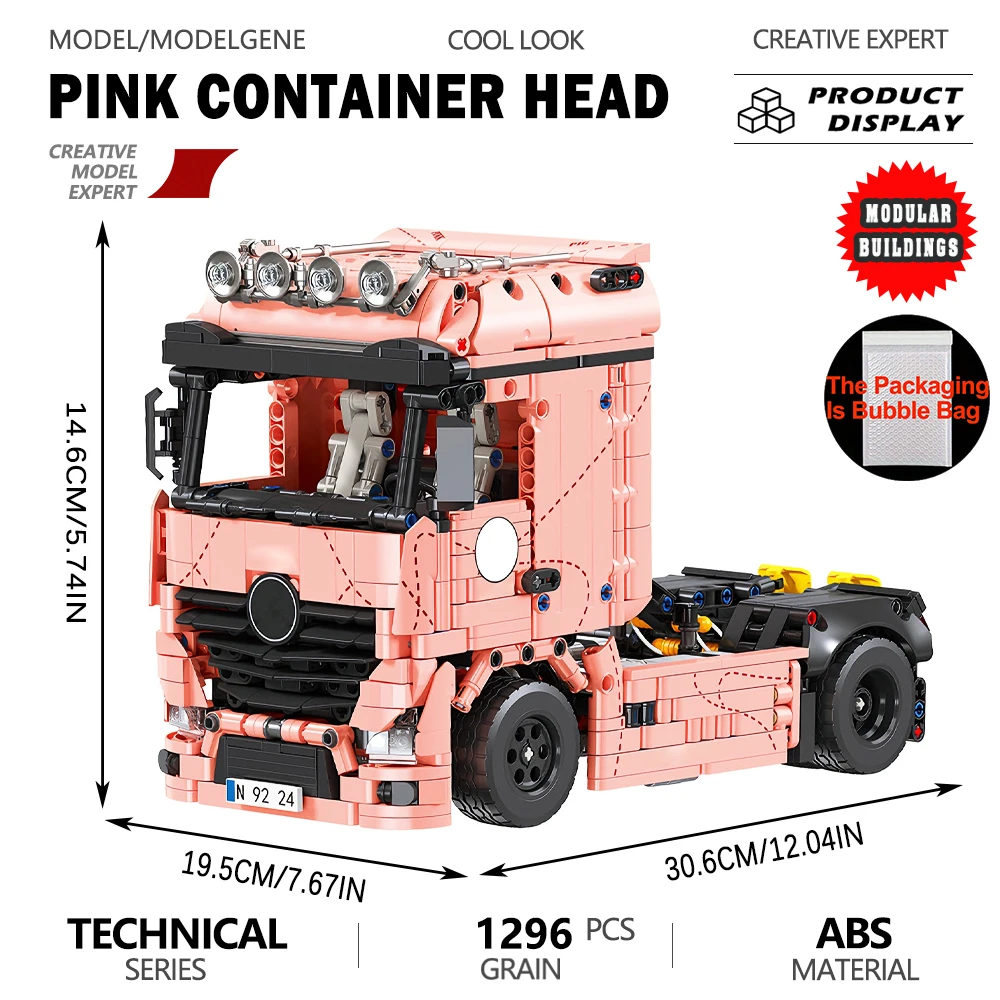 

Heavy Duty Tractor Pink Pig Truck Head Model Assemble Technical Vehicle Creative Hobby Ornament Building Blocks Bricks Toy Gift