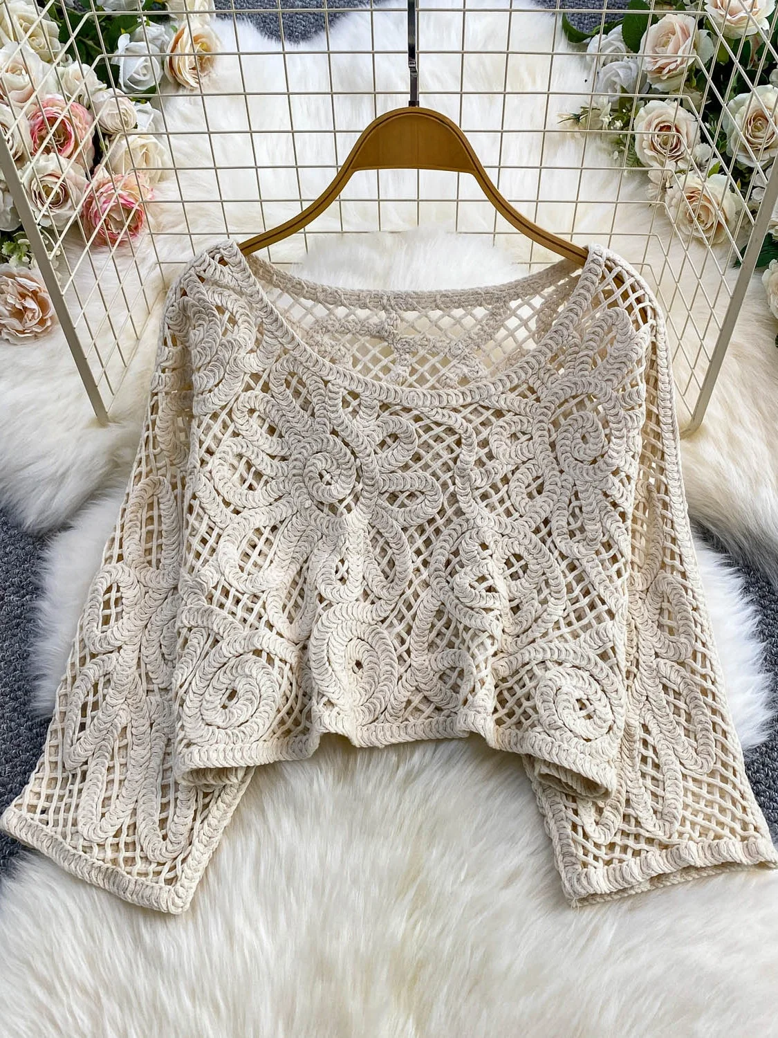 

n Sle Knitted Cover up Top Women Loose Fit Summer Hollow out ort Sve T-irt Layering Faion Korean Version