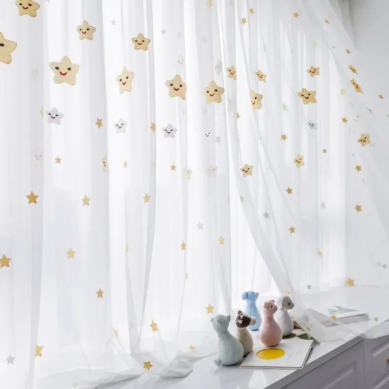 Smiling Star Embroidered Gauze Curtain Custom Size Translucent Five-pointed Star Gauze Bay Window Balcony Window Screen Decor