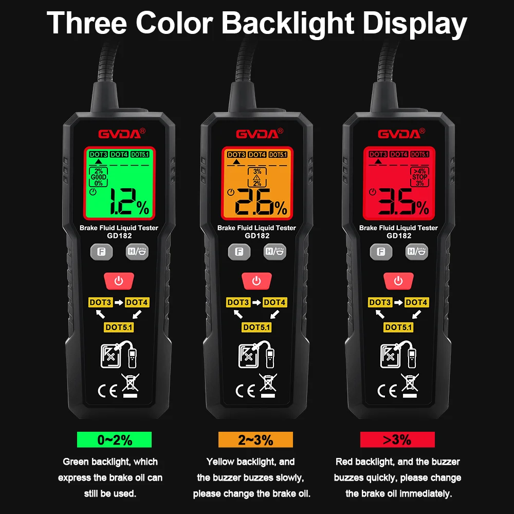 GVDA Digital Brake Fluid Tester Brake Oil Moisture Detector DOT3 DOT4 DOT5.1 with Backlight LCD Automotive Brake Oil Tester