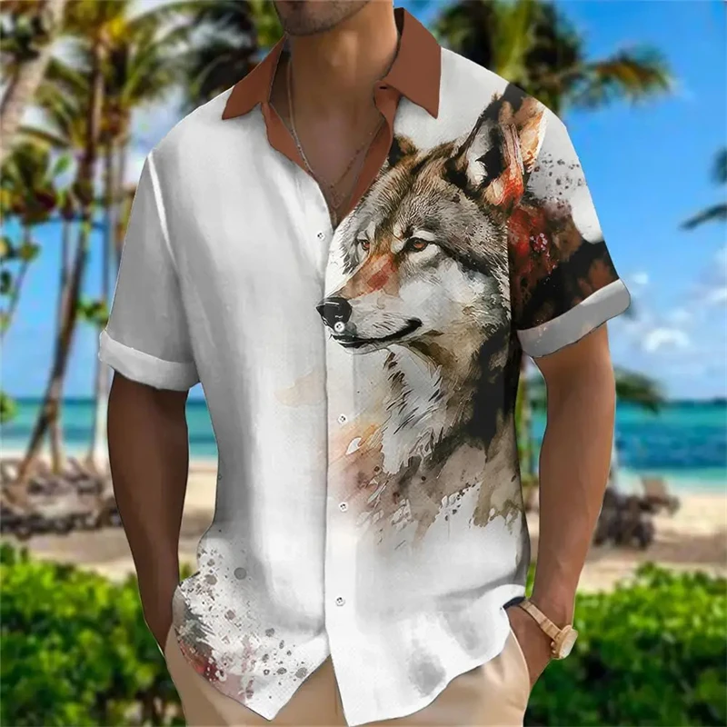 2024 New Summer Hawaiian Shirts For Men 3d Animal Lion Print Blouse Womens Clothes Wolf Pattern Short Sleeve Oversized y2k Tops