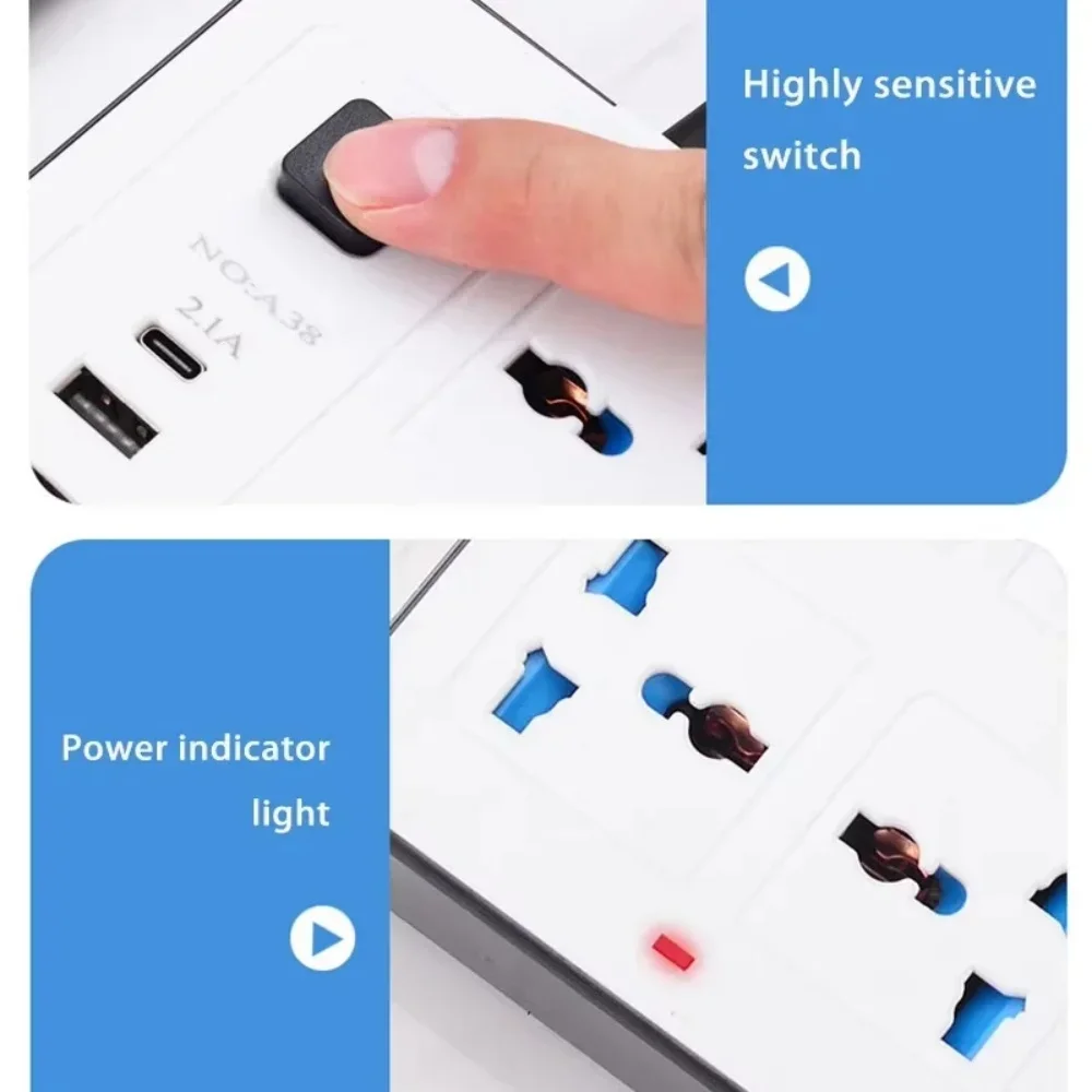 Power Multi Tap Universal Plug EU US UK Outlet Power Strip with 2m Extension Cord AC Type C +3USB Ports Charge Electrical Socket