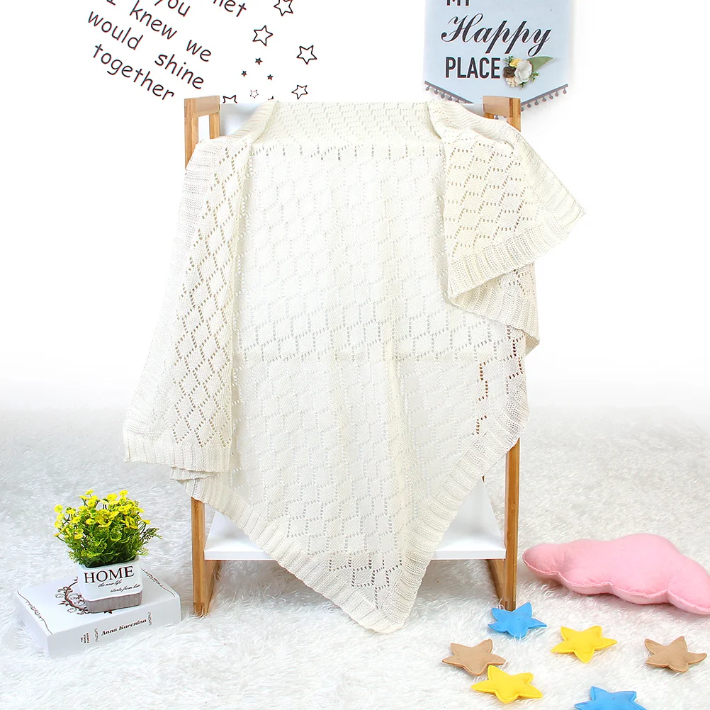 Infant Blanket Soft Knit Hollowed Pattern Portable Warm Cover for Baby Stroller Bed Use All Season White Baby Blanket