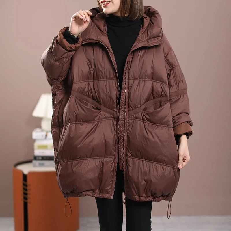 2024 New Winter Women White Duck Down Loose Jacket With Hood Female Thick Warm Outwear Casual Over Size Patchwork Coats