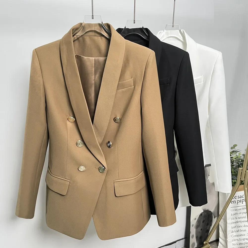 2024 Autumn Women's Blazer Jacket Double Breasted Golden tone buttons Classic Shawl Collar Blazer Jacket