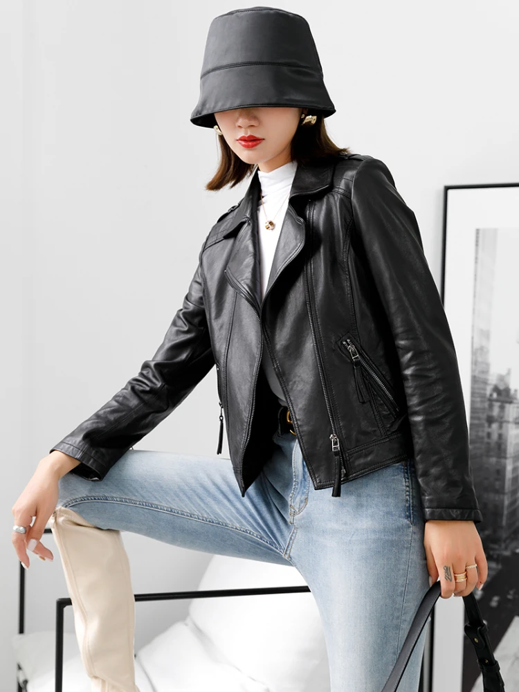 Veste de moto courte en cuir véritable pour femme, manteau en peau de mouton véritable, coupe couvertes, manches longues, noir, vêtements de printemps, nouveau, 2023