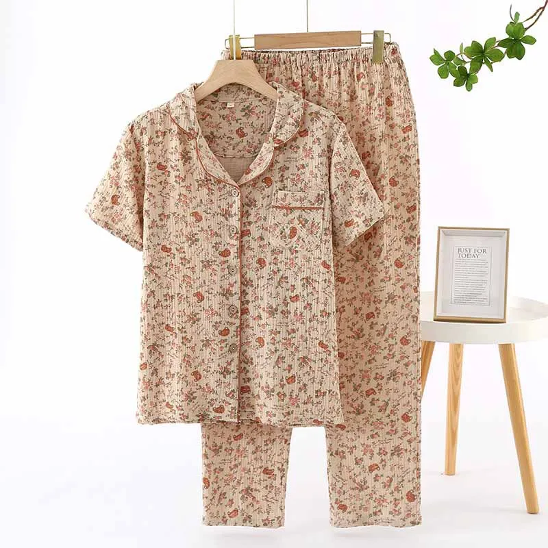 2024 Spring/Summer Women\'s New Pajama Set 100% Cotton Crepe Short Sleeves+Pants Flip Collar Vintage Flower Simple Homewear