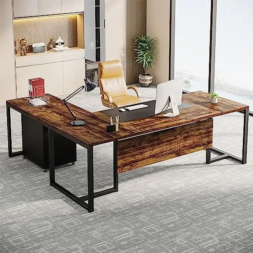 70.8" L-Shaped Office Desk with File Cabinet & Storage Modern Executive Desk Home Office Study Gaming Rustic Brown & Black