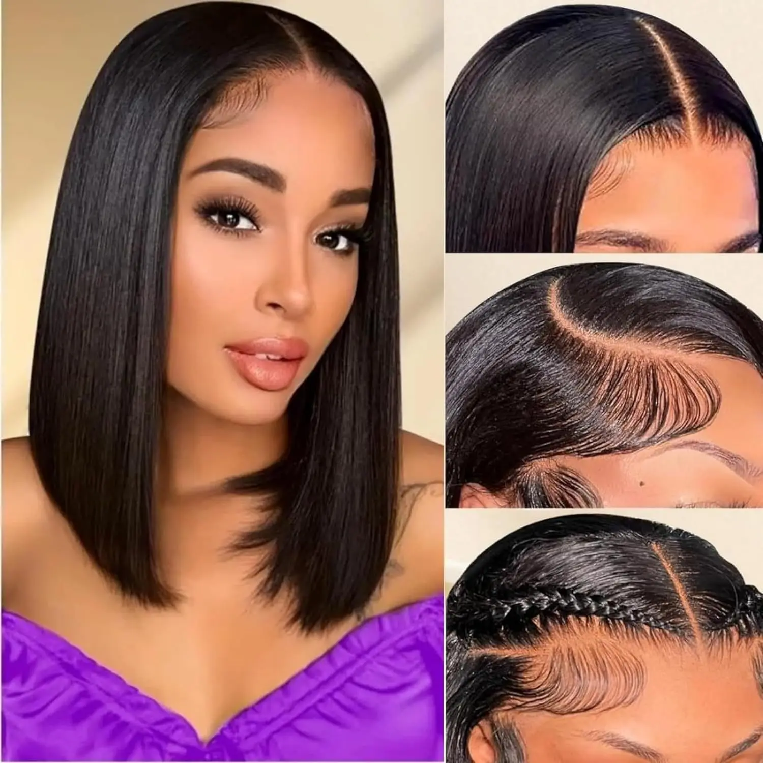 12A Bob Human Hair Wig Real hair fake women short straight hair before lace wig full head cover