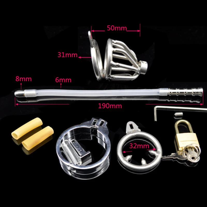 New Stainless Steel Cock Cage Penis Ring Lock With Urethral Sounds Catheter And Spike Ring Chastity Cage Sex Toys For Men Adult