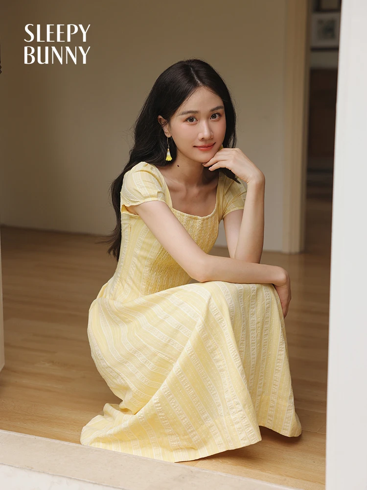 Sweet Vintage Puff Sleeve Dress Women Summer Square Neck Shirred Waist A-Line Midi Soft Lightweight Casual Long Dress Daily Look
