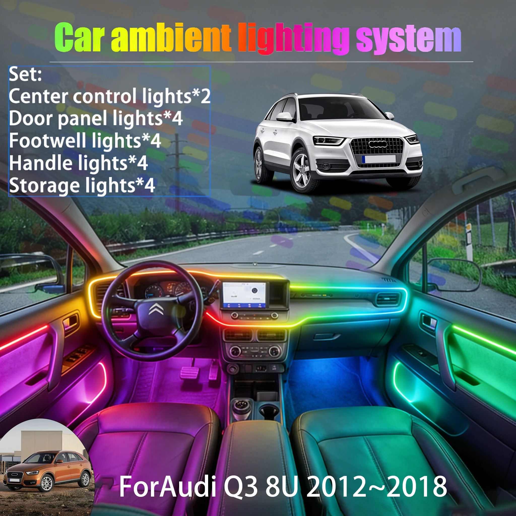 

ForAudi Q3 8U 2012~2018 MK1 2/18 in 1 Car ambient lighting Led trunk interior led lights USB RGB Ensemble Streamer Accessories