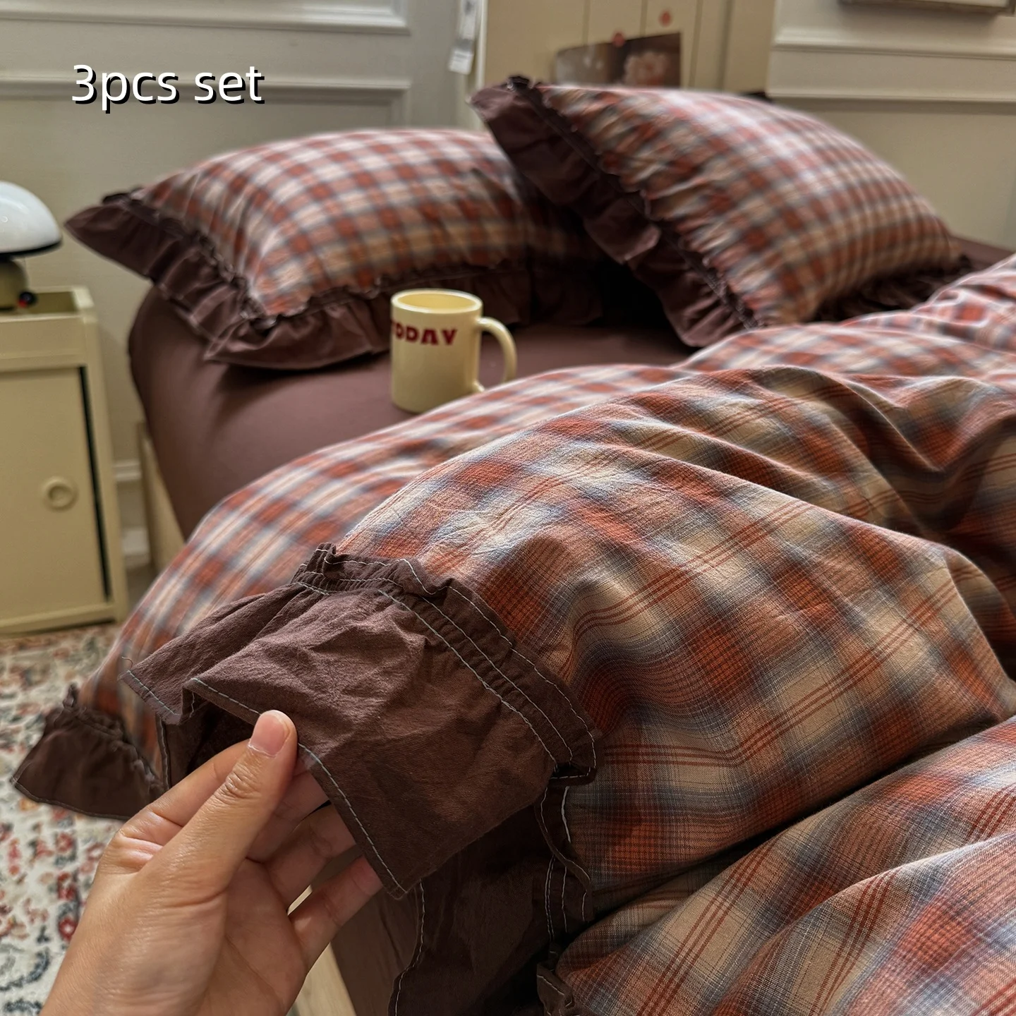3pcs Elegant Plaid Ruffled Duvet Cover Set (1*Duvet Cover + 1*Pillowcase+1*Flatsheet), Luxury Cotton Single Bedding 150×200cm