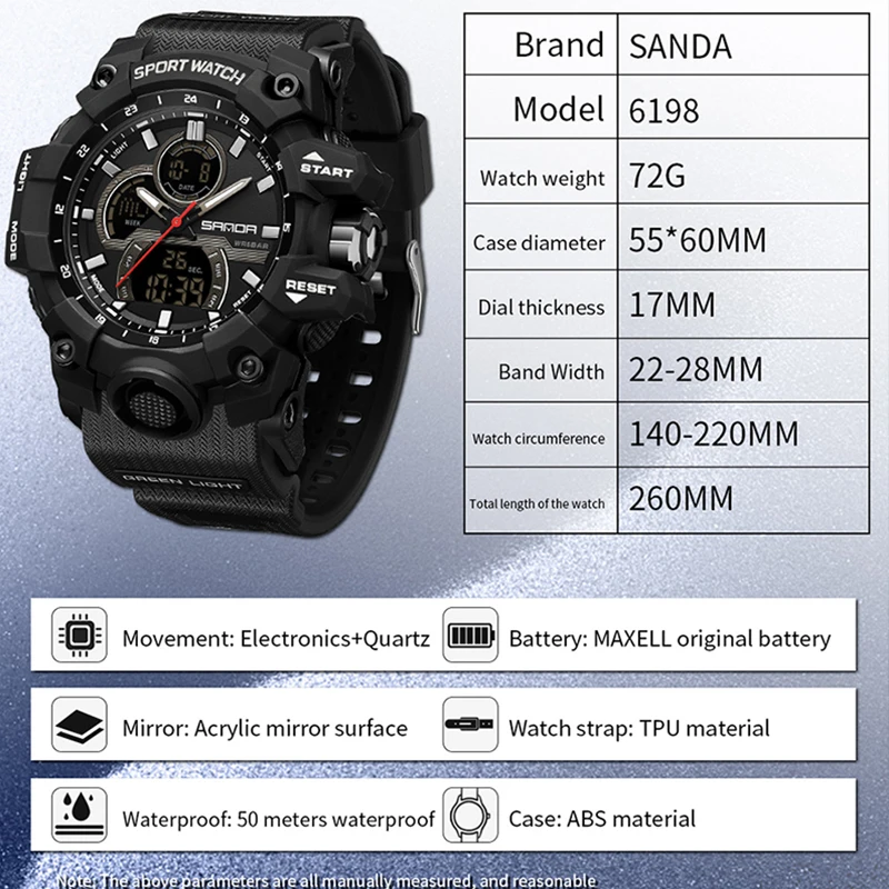 SANDA Men Military Watch Digital 50m Waterproof Wristwatch LED Quartz Clock Sport Watch Male Big Watches Men Relogios Masculino