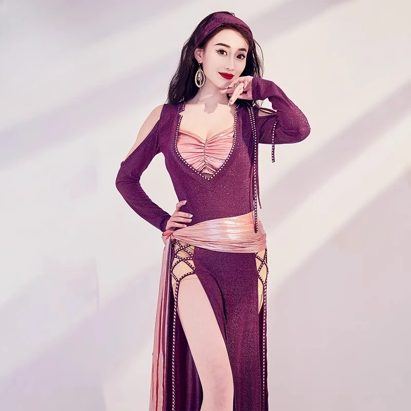 أزياء الرقص الشرقي الجديدة المخصصة، رداء طويل لامع، ملابس ممارسة الرقص الشعبي، فستان أداء بلدي #1