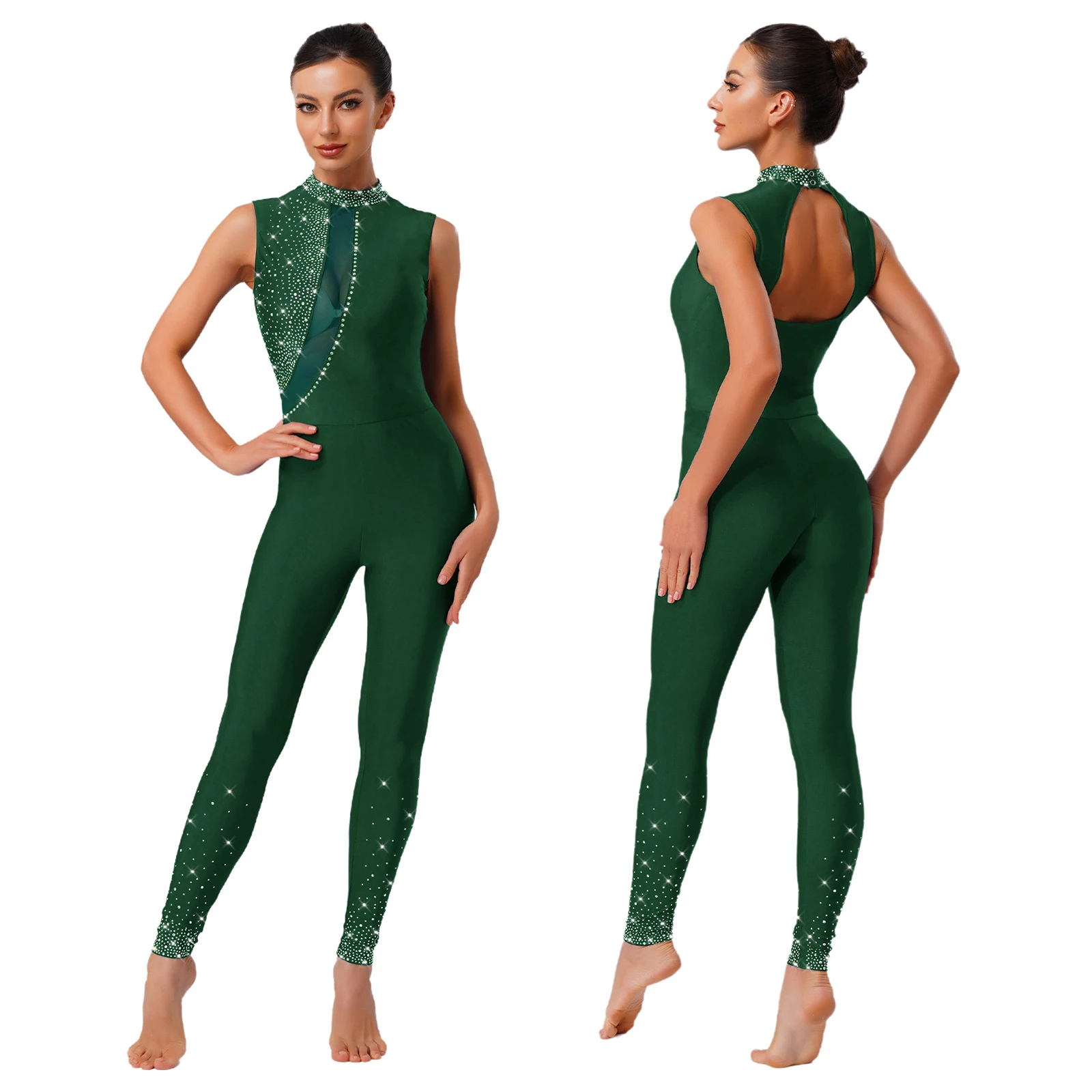 

Women Gymnastics Unitards Dancewear Rhythmic Leotards Bodysuit Shiny Rhinestones Sleeveless Back Hollow Out Jumpsuit for Ballet