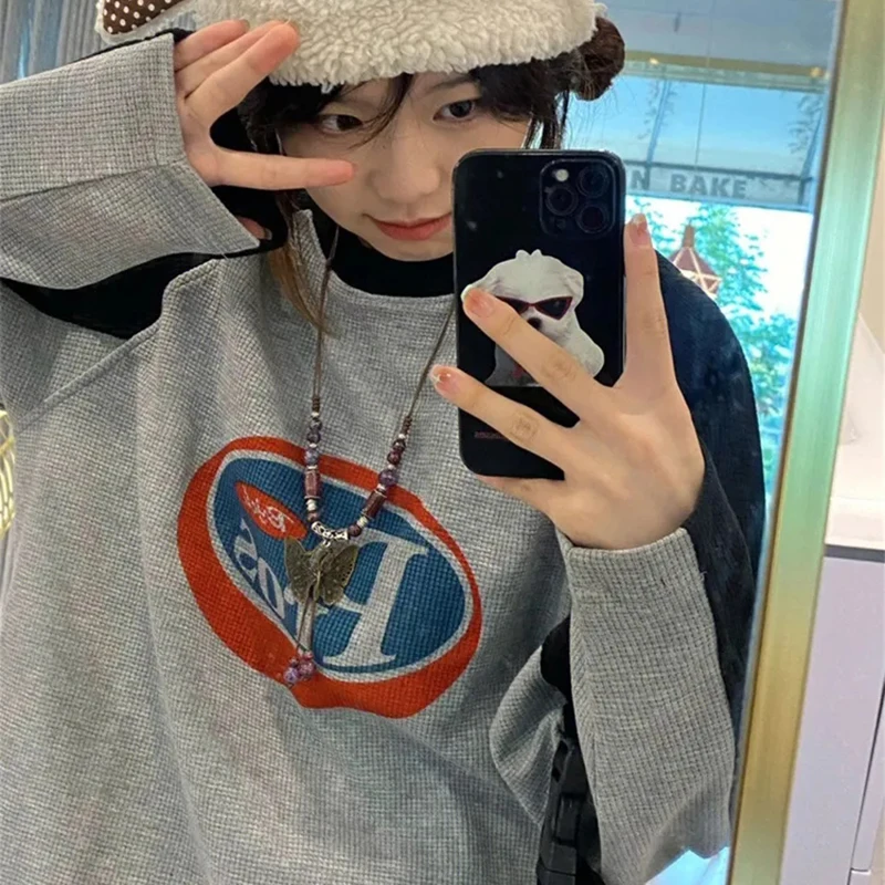 MEXZT Harajuku Gray Long Sleeve T Shirt Women Streetwear Vintage Pullover Sweatshirts Oversized Retro O Neck Patchwork Print Top