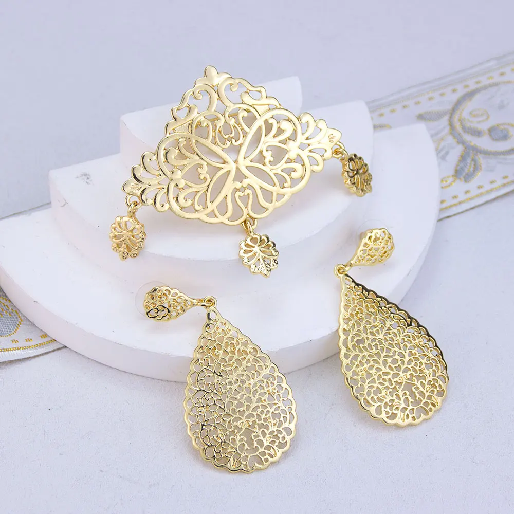 Sunspicems Gold Color Arabic Women Brooch Earring Sets Morocco Bridal Wedding Jewelry Set Hollow Arabesque