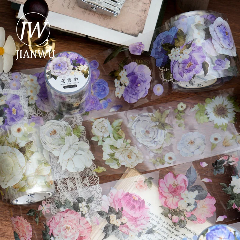 JIANWU 60mm*200cm Flowers Bloom in The Mist Series Vintage Landscaping Material Collage PET Tape Creative DIY Journal Stationery