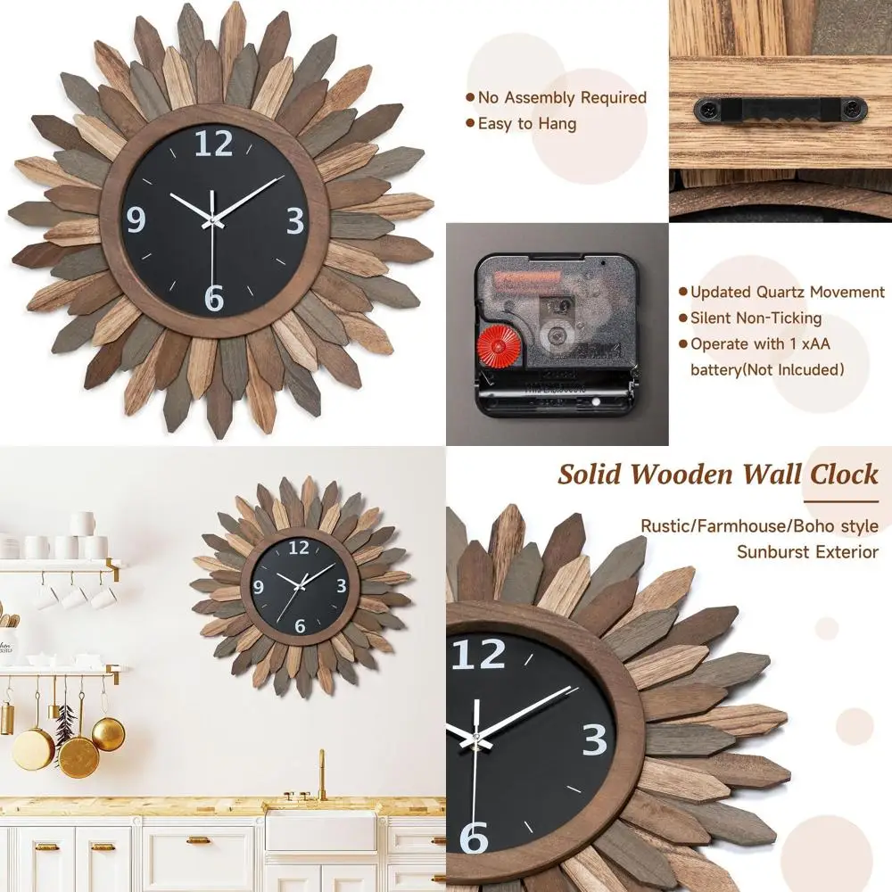 

21 Rustic Boho Sunburst Wall Clock, Battery-Powered Silent Ticking, Farmhouse Style for Home Decor