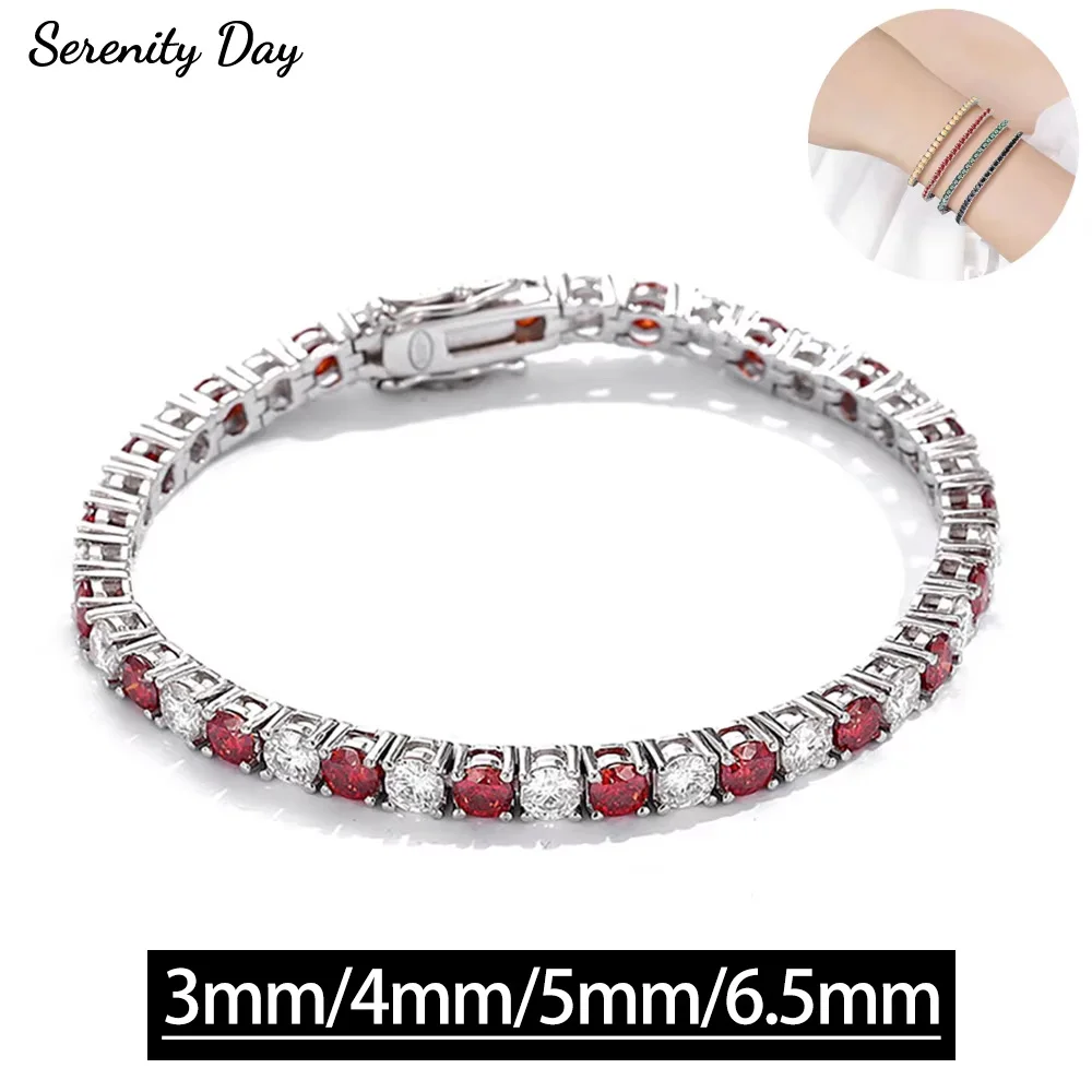

Serenity 3mm 5mm 6.5mm Red White Real Moissanite Tennis Bracelet For Women Men 100% S925 Sterling Silver Plated 18K Hand Chain