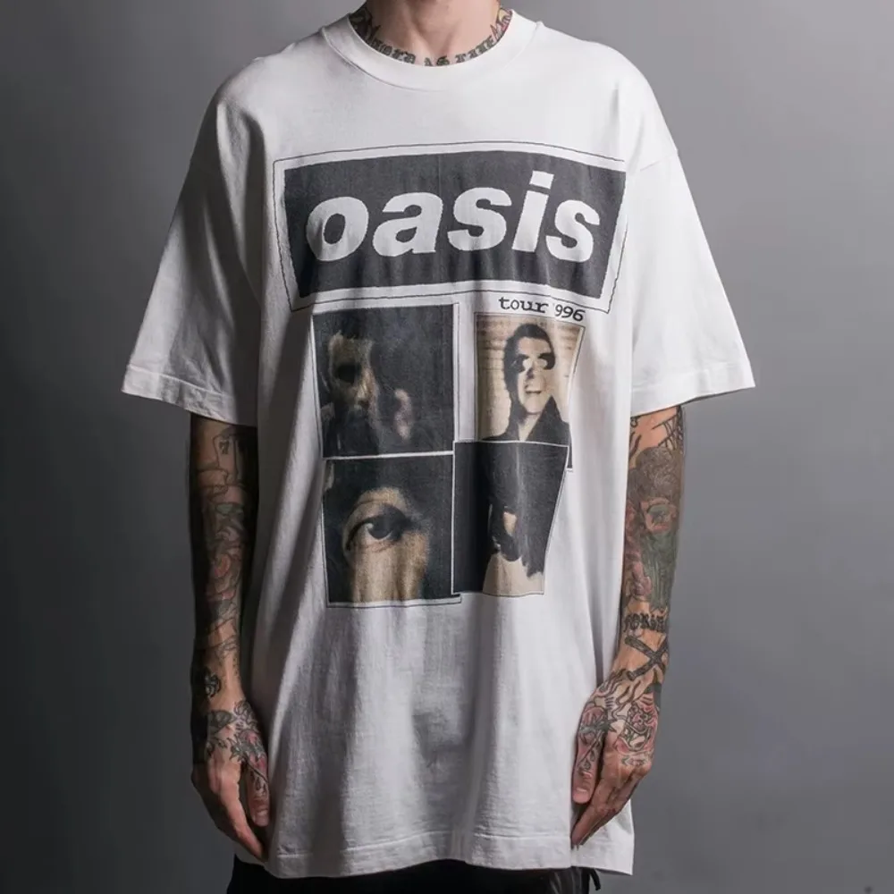 2025 nueva camiseta de verano para hombre, camiseta de Rock británico Oasis Oasis Band Street con hombros descubiertos, mangas Unisex, Camiseta estampada de algodón para mujer