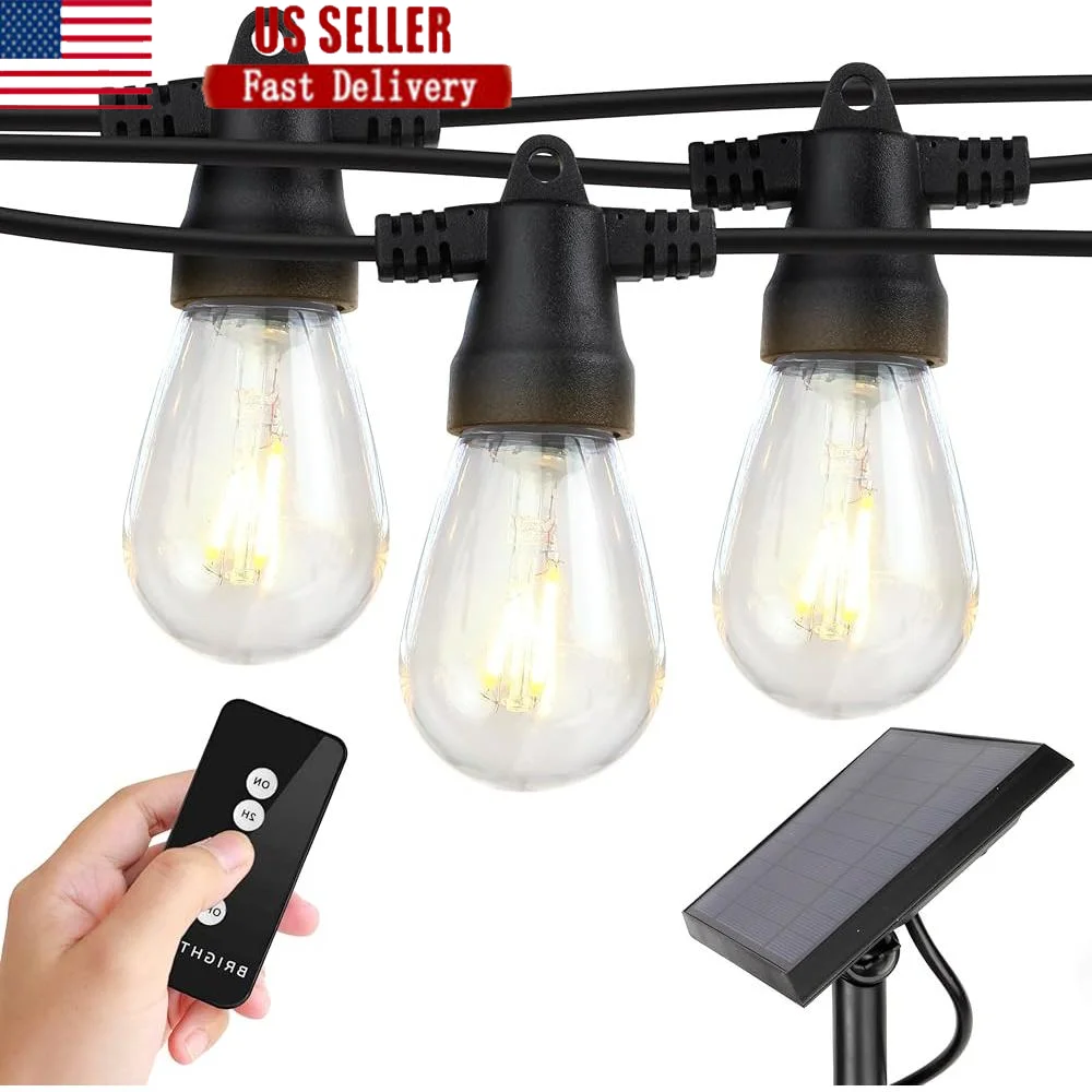 

Solar Powered Outdoor String Lights Waterproof Remote Control Commercial Grade 48ft Edison Bulbs Patio Garden Party Wedding