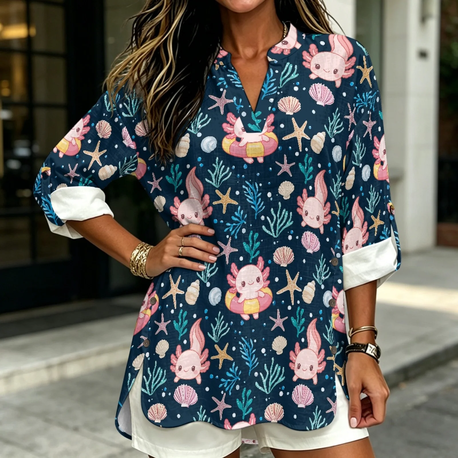 PENSTROLL Salamander Coral Pattern Linen Like Women's Long Sleeve Tops Loose V Neck Blouses for Womens Sizes S-5XL