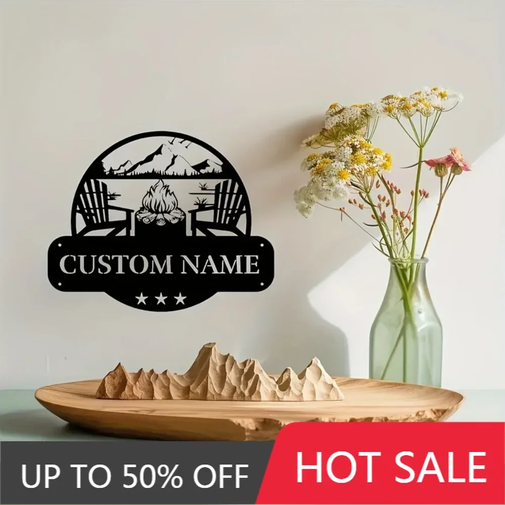 

Forged Custom Iron Art Exquisite Personalized Camping Themed Metal Wall Art in Boho Style with Campfire Mountains and Custom Nam