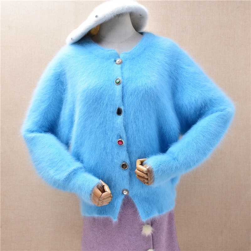 

Ladies Women Fall Winter Fashion Sky Blue Hairy Angora Rabbit Hair Knitted Long Sleeves Loose Cardigans Sweater Jacket Pull Tops