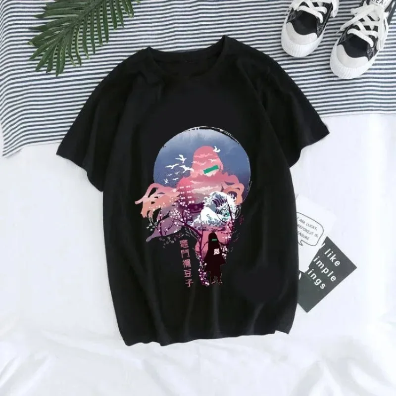 Girl Short Sleeve T-Shirt Kaus Grafis Anime Demon Killer Uniseks Tanjirou Kamado Kaus Wanita Kimetsu No Yaiba Nezuko Kaus Wanita