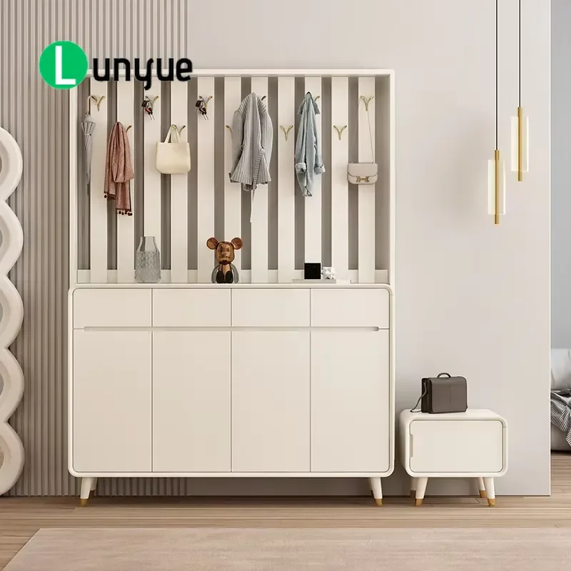 Modern Cream Style Wooden Shoe Cabinet Large Capacity Multi Function Coat Rack Eco Friendly Storage for Porch Entryway