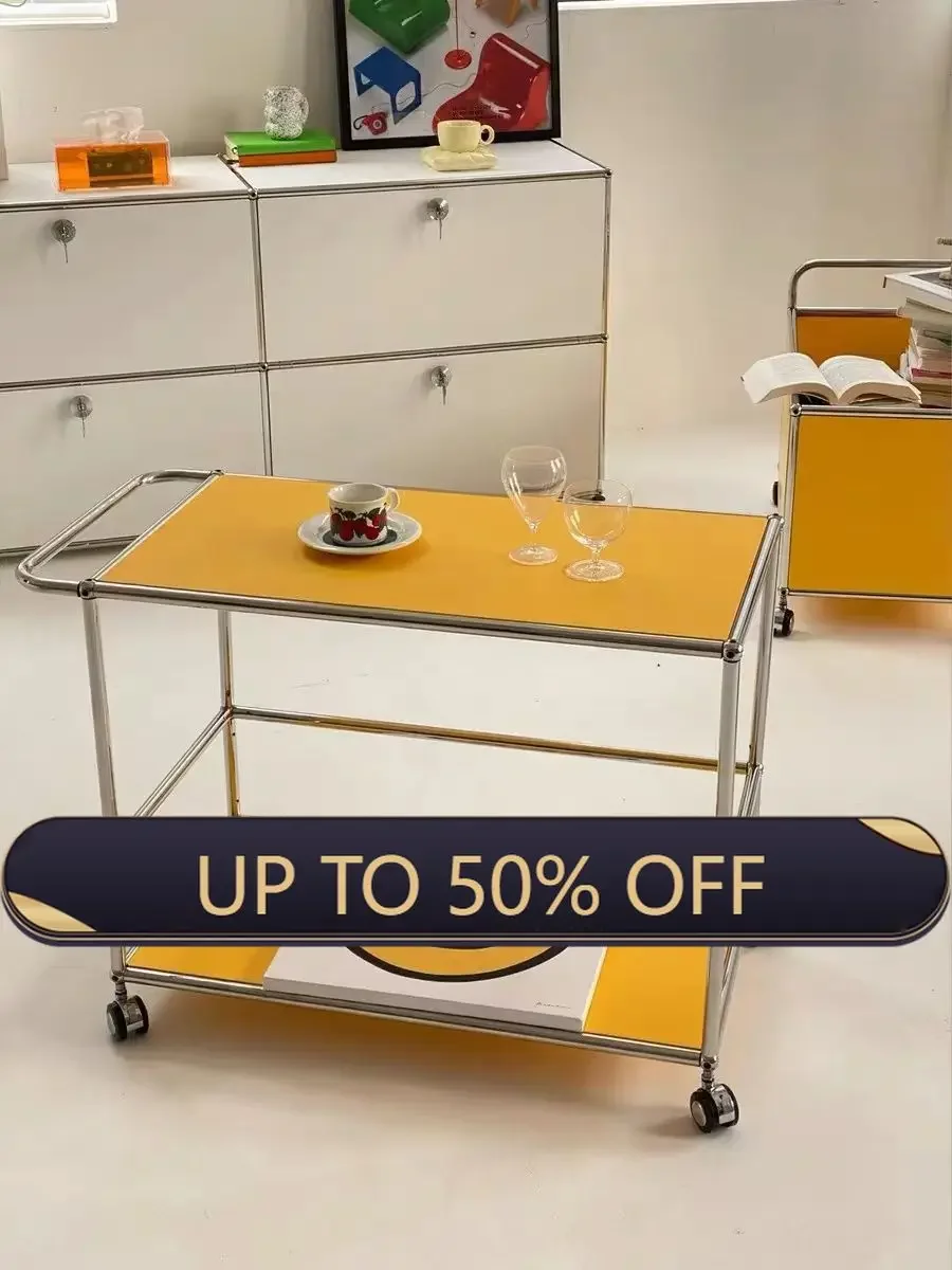 Light Luxury Stainless Steel Mobile Trolley Combination Side Table Rack Living Room Island Dining Car Double-layer Storage