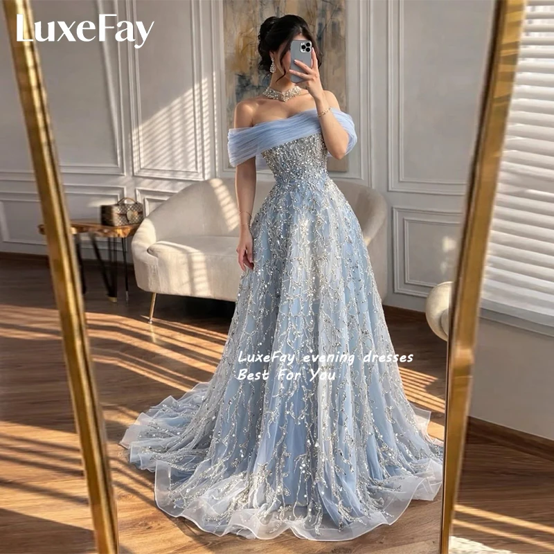 LuxeFay Customized Blue Off The Shoulder Prom Dresses 2026 Shining Sequins Beaded Lace A Line Evening Gowns Wedding Pary Dress