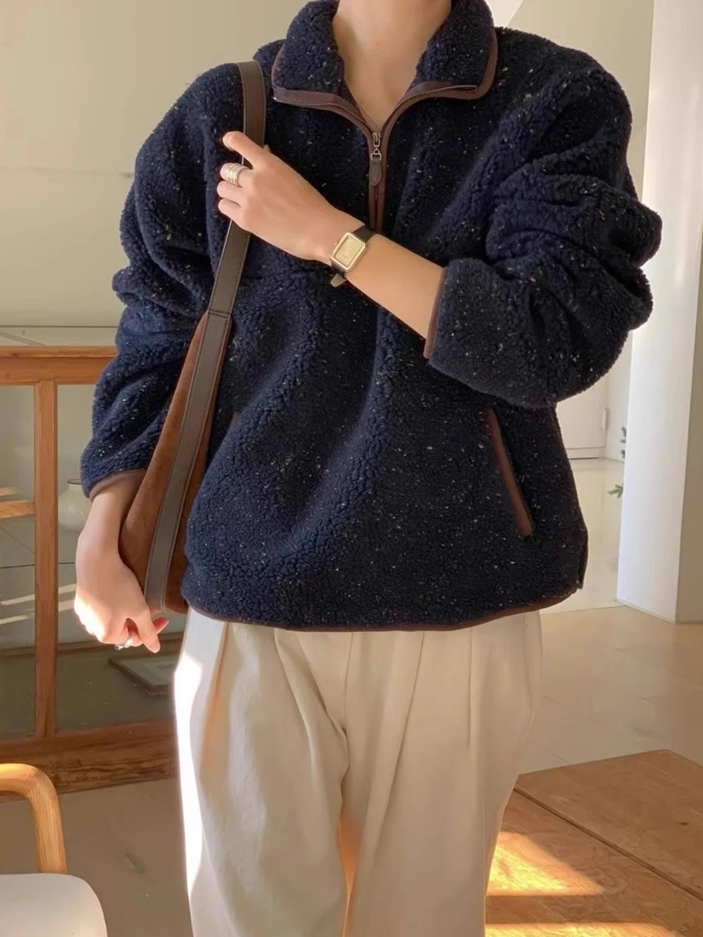 양털 후드 여성용 루즈핏 스탠드 칼라 지퍼 혼합 니트 겨울 캐주얼 탑 안티에이징 지퍼 컬러 블록 스웨터