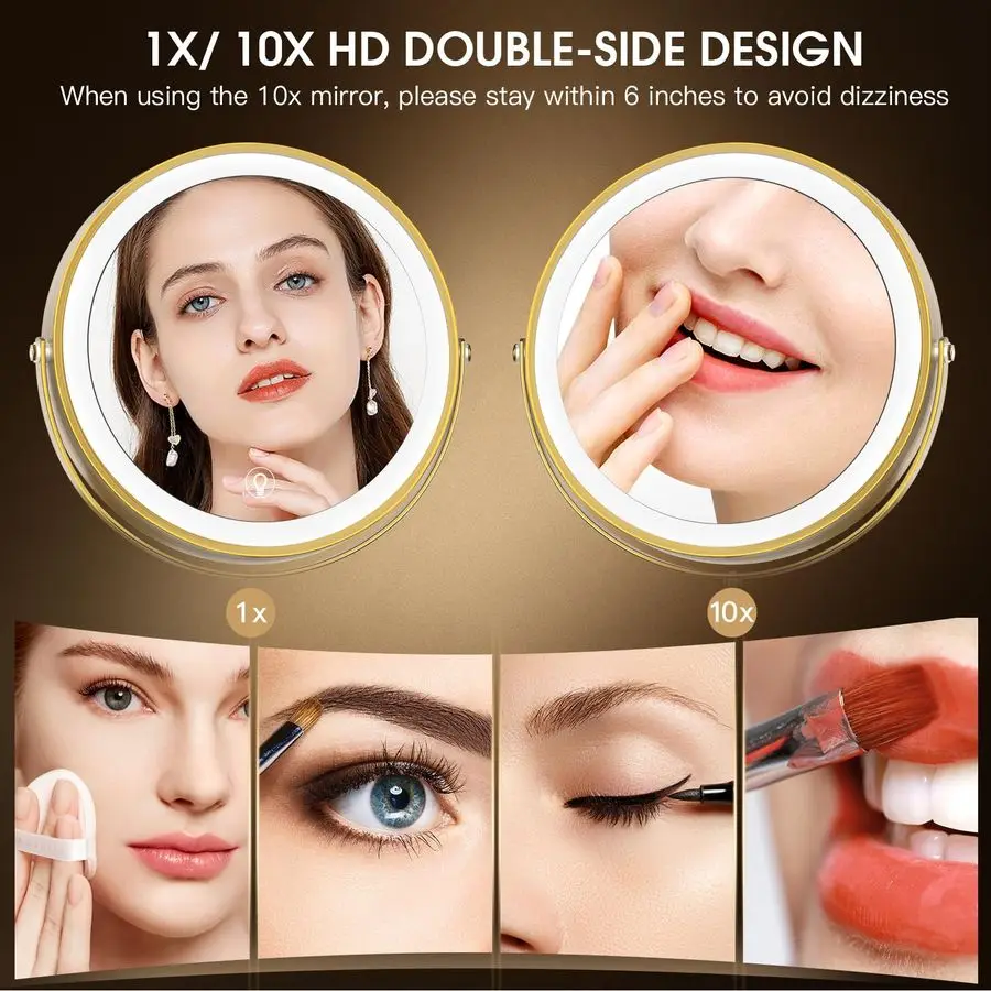 กระจกแต่งหน้าแบบติดผนังพร้อมไฟ, กระจกขยายสองด้านแบบชาร์จไฟได้ 8 ดวง พร้อมไฟ LED 3 สี ขยาย 1 เท่า และ 10 เท่า