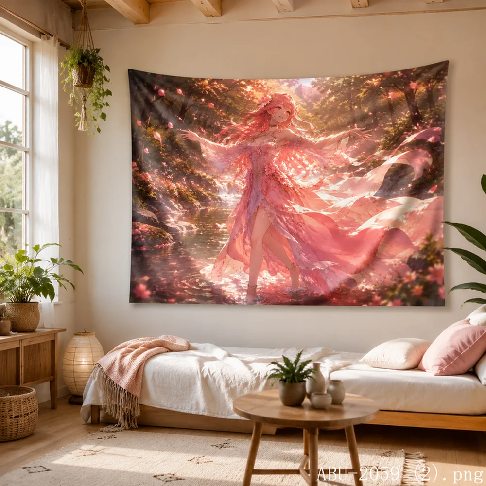 VIKAMA Spring Meadow Tapestry – Anime Girl in Flower Field, Colorful Butterflies and Sunshine, Nature Aesthetic Room Decor