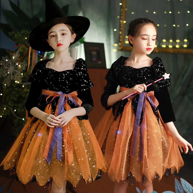 Kids Witch Halloween Costume Cosplay Girl Princess Dress With Hat Magic Wand Fashion Sequin Pumpkin Dress Girls Party Dresses