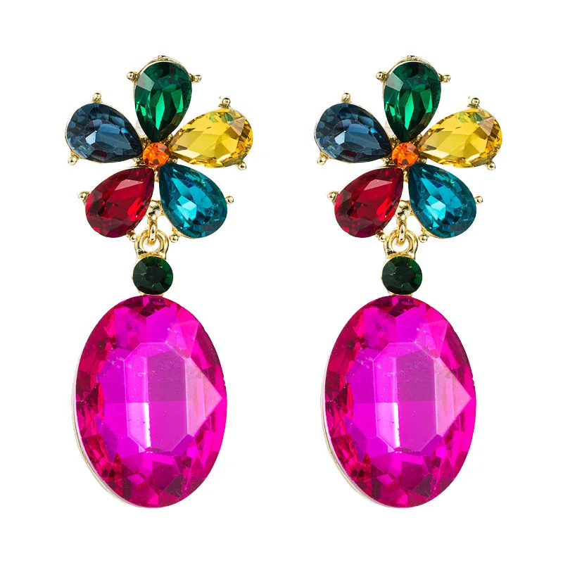 Fuchsia Crystals Flowers Dangle Earrings Jewelry for Bridal Women Wedding Pendientes Fuchsia Jewelry