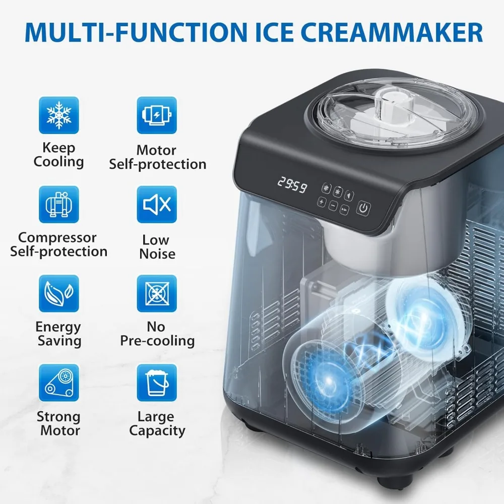 1.3 Quart Ice Cream Maker Machine with Built-in Compressor，Fully Automatic and No Pre-freezing，1 Hour Keep-Cooling，Easy to Clean