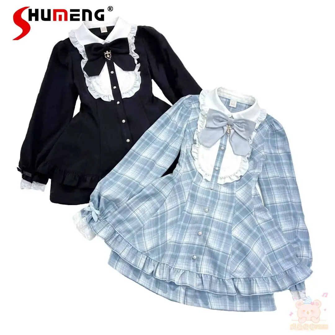 

Japanese Mines Style SC Lolita Dresses Sets Doll Collar Long Sleeve Single Breasted Dress High Waist Shorts Two-piece Set Women