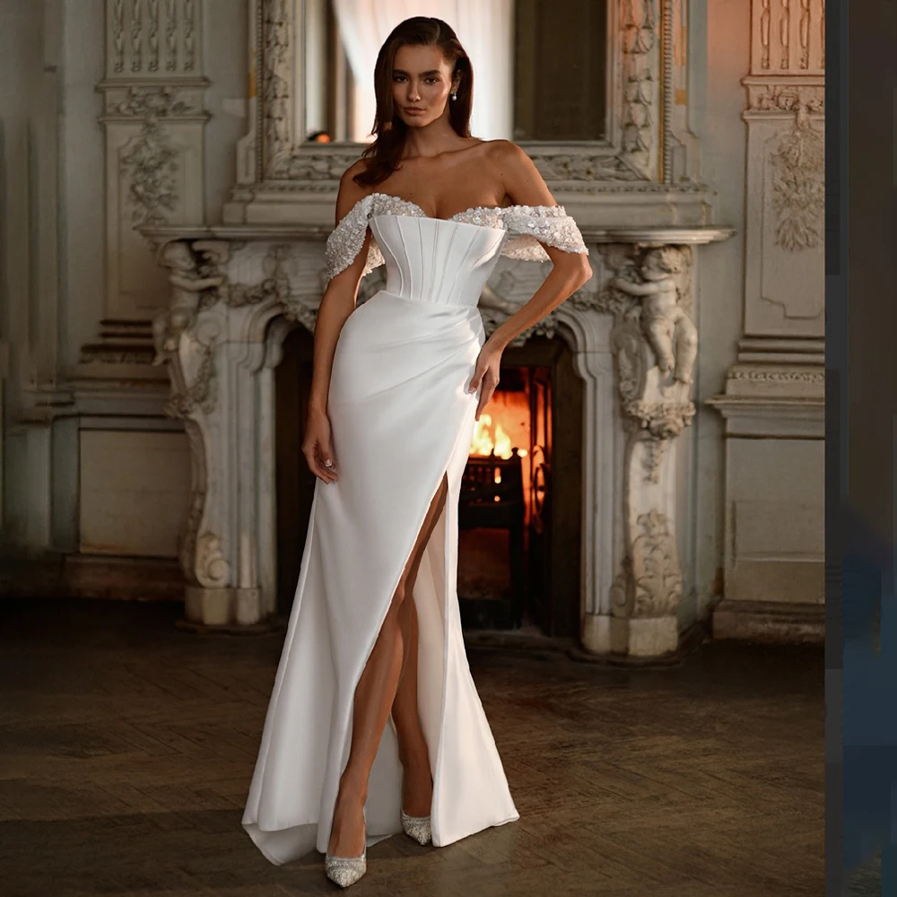 

Satin Sheath Wedding Dresses Sleeveless Off The Shoulder Bridal Dress Floor Length Party Gown Customized robes de soirée