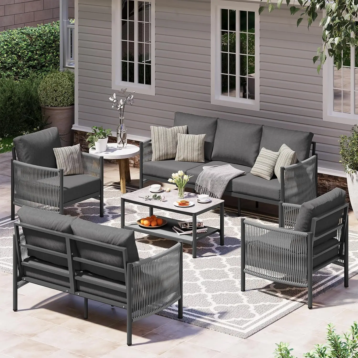 

Aluminum 5 Piece Patio Furniture Set Dual Layer Coffee Table PE Rope Thick Cushions Balcony Deck Charcoal, Custom