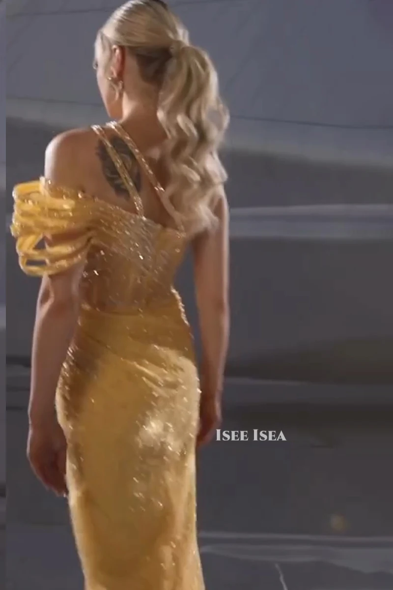 Gold Evening Dresses Mermaid Prom Gown Side Split Sleeveless vestidos de noiva Floor-length Formal Birthday Dress Customized