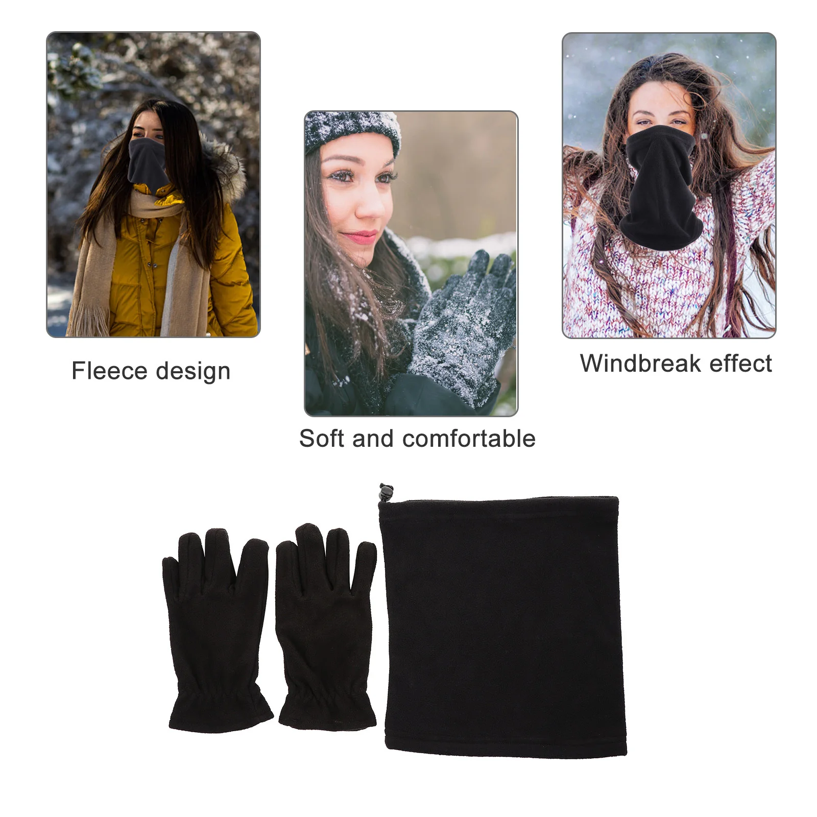 1 مجموعة قفازات دافئة وشاح بدلة حماية باردة سميكة الصوف طوق الشتاء يندبروف مجموعة الحماية الباردة الأسود متعدد الوظائف